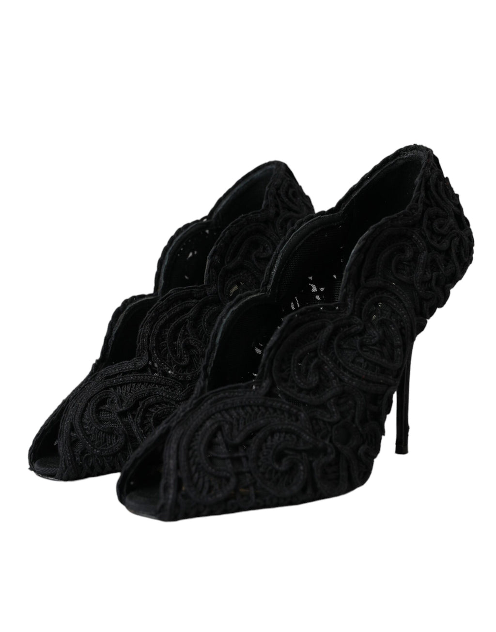 Schwarze Cordonetto Ricamo Pumps mit offener Spitze