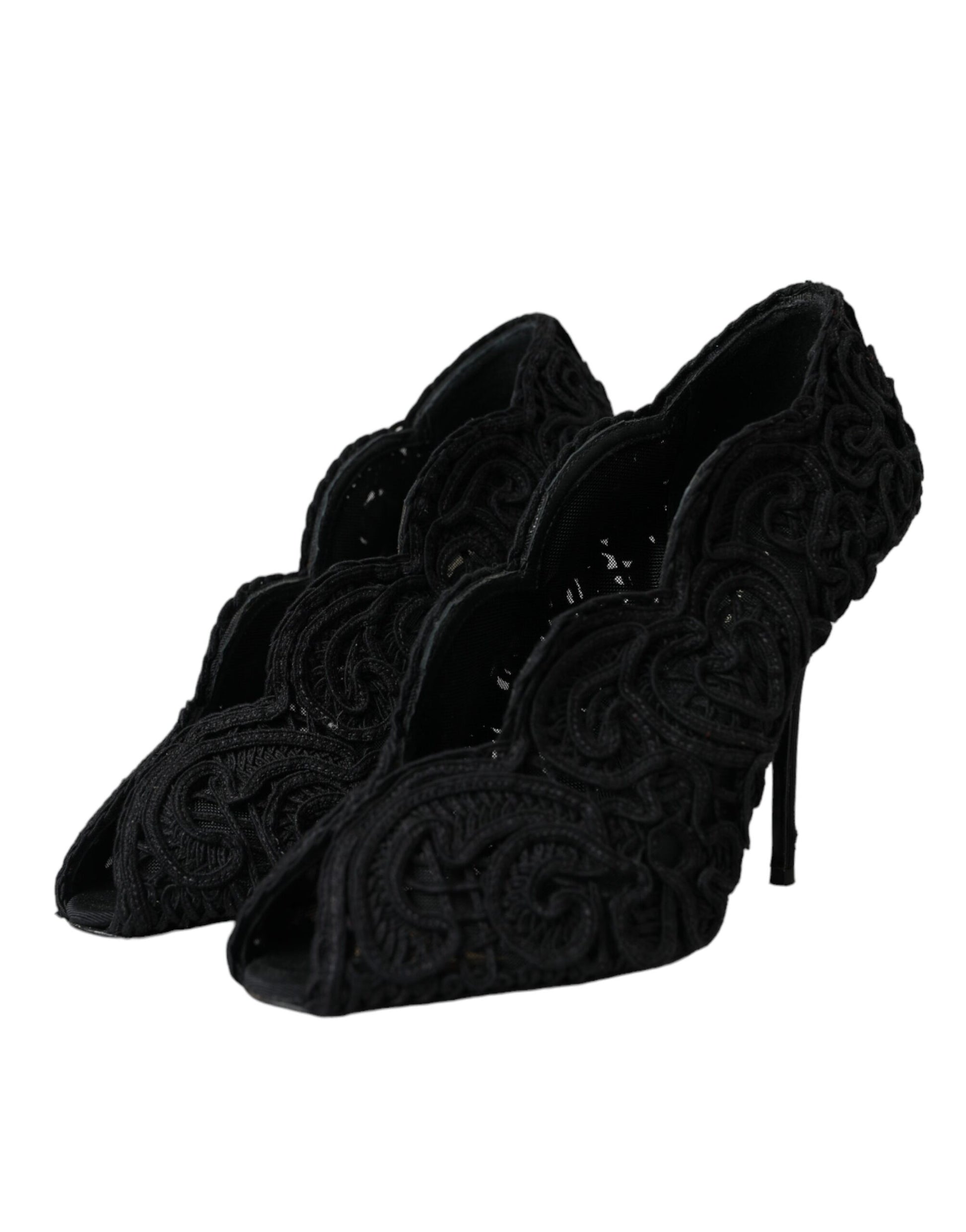 Schwarze Cordonetto Ricamo Pumps mit offener Spitze