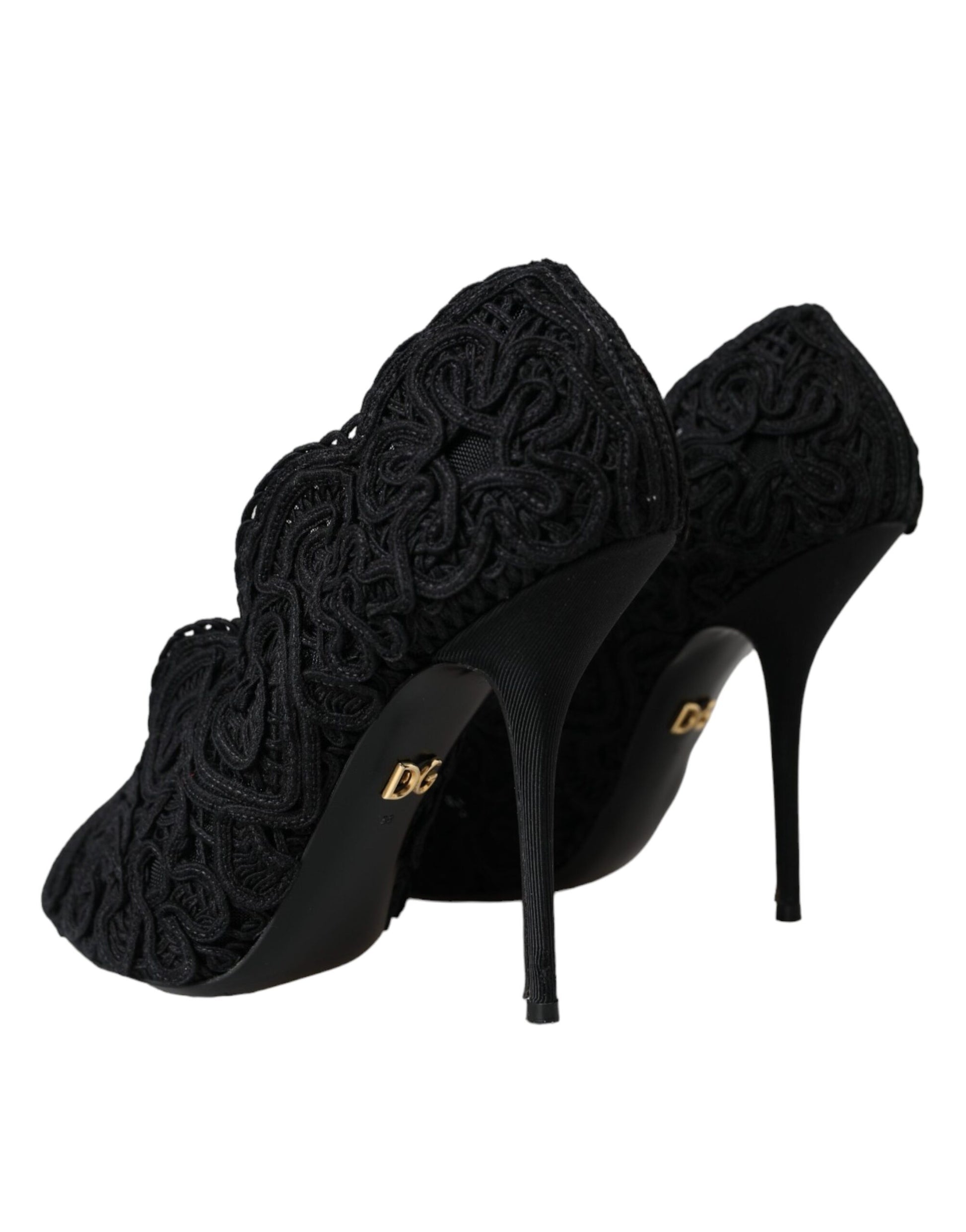 Schwarze Cordonetto Ricamo Pumps mit offener Spitze