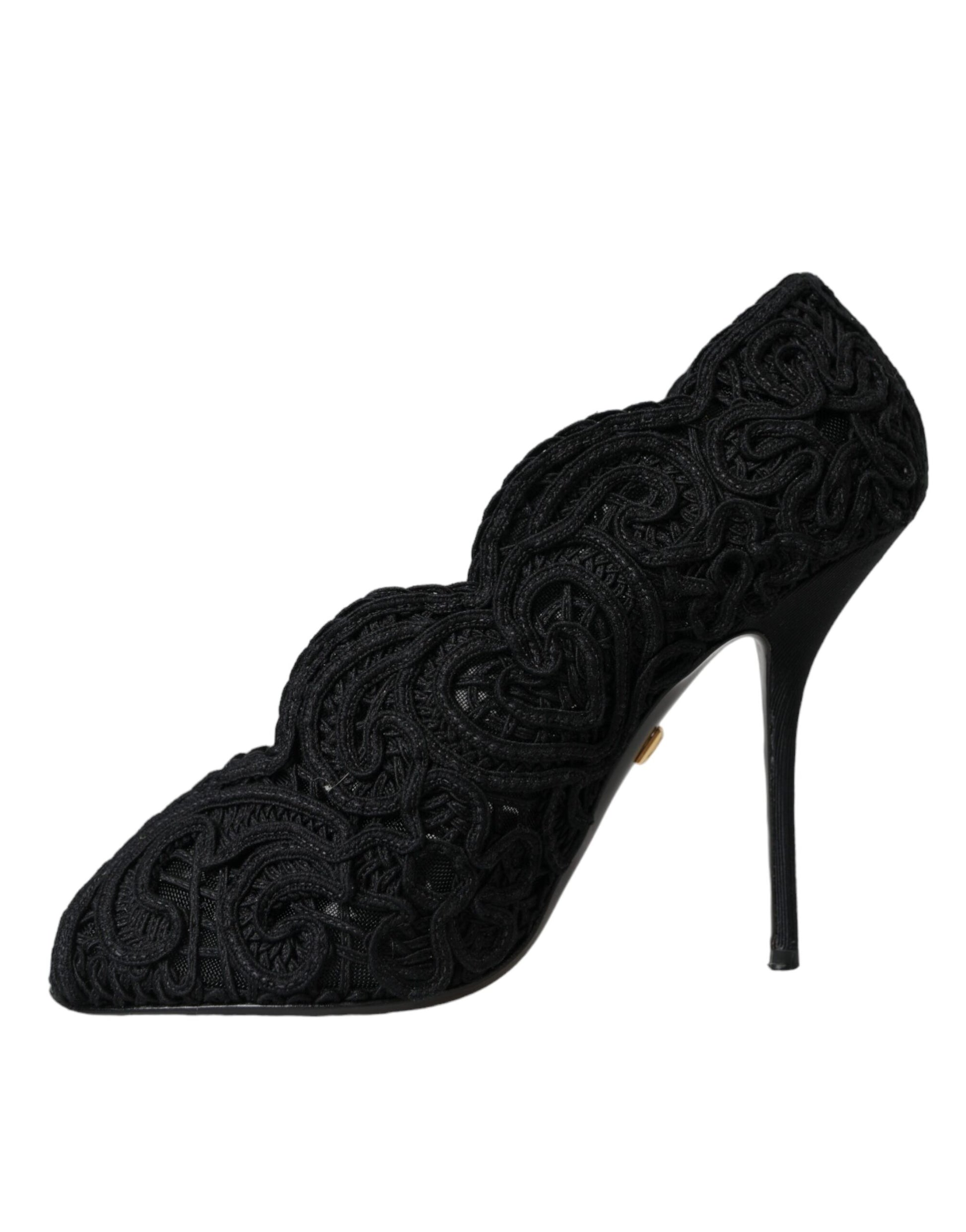 Schwarze Cordonetto Ricamo Pumps mit offener Spitze