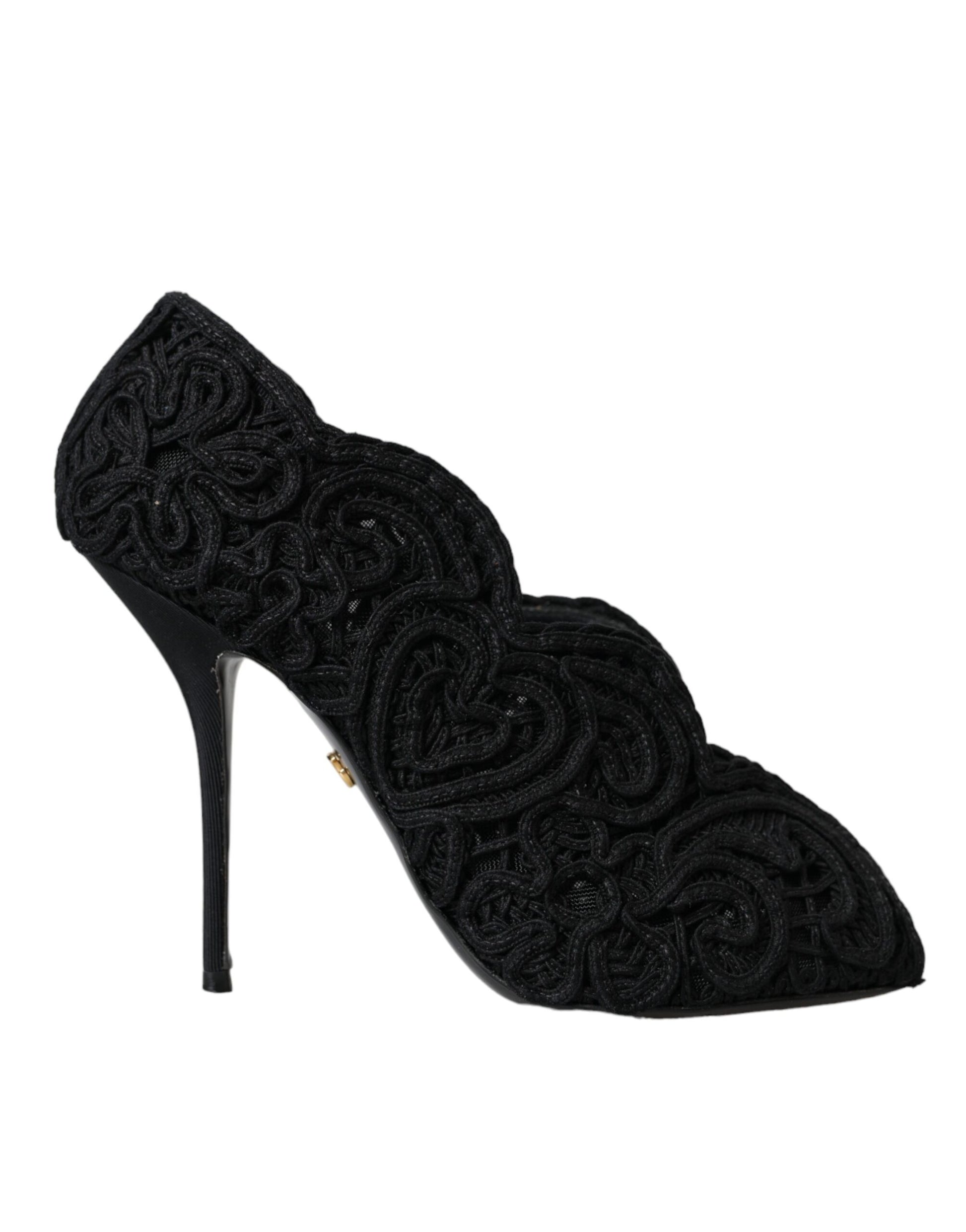 Schwarze Cordonetto Ricamo Pumps mit offener Spitze