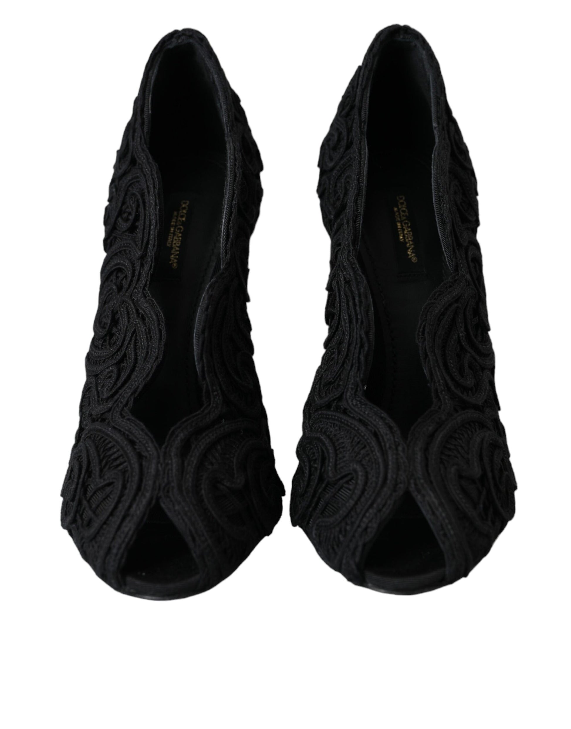 Schwarze Cordonetto Ricamo Pumps mit offener Spitze