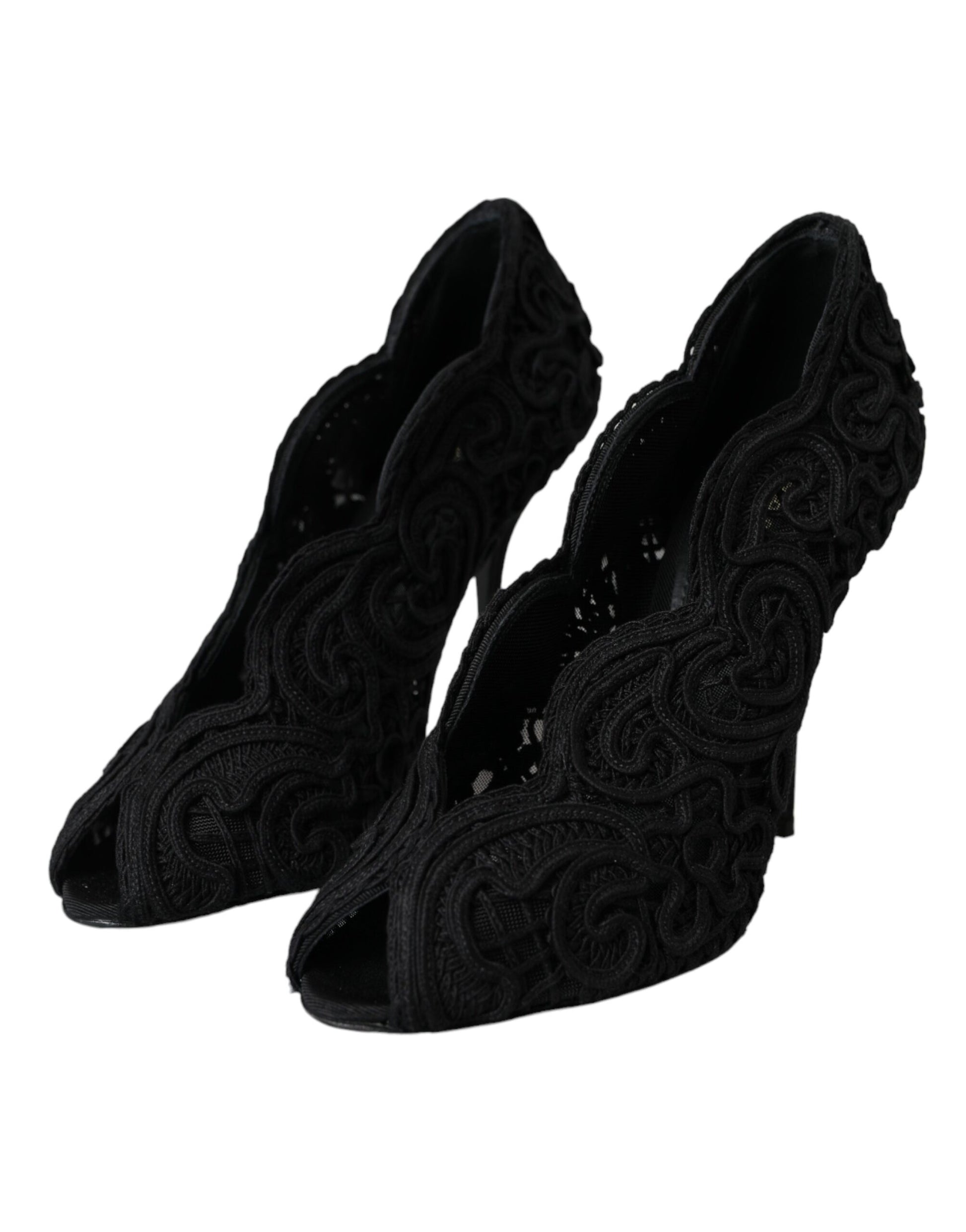 Schwarze Cordonetto Ricamo Pumps mit offener Spitze