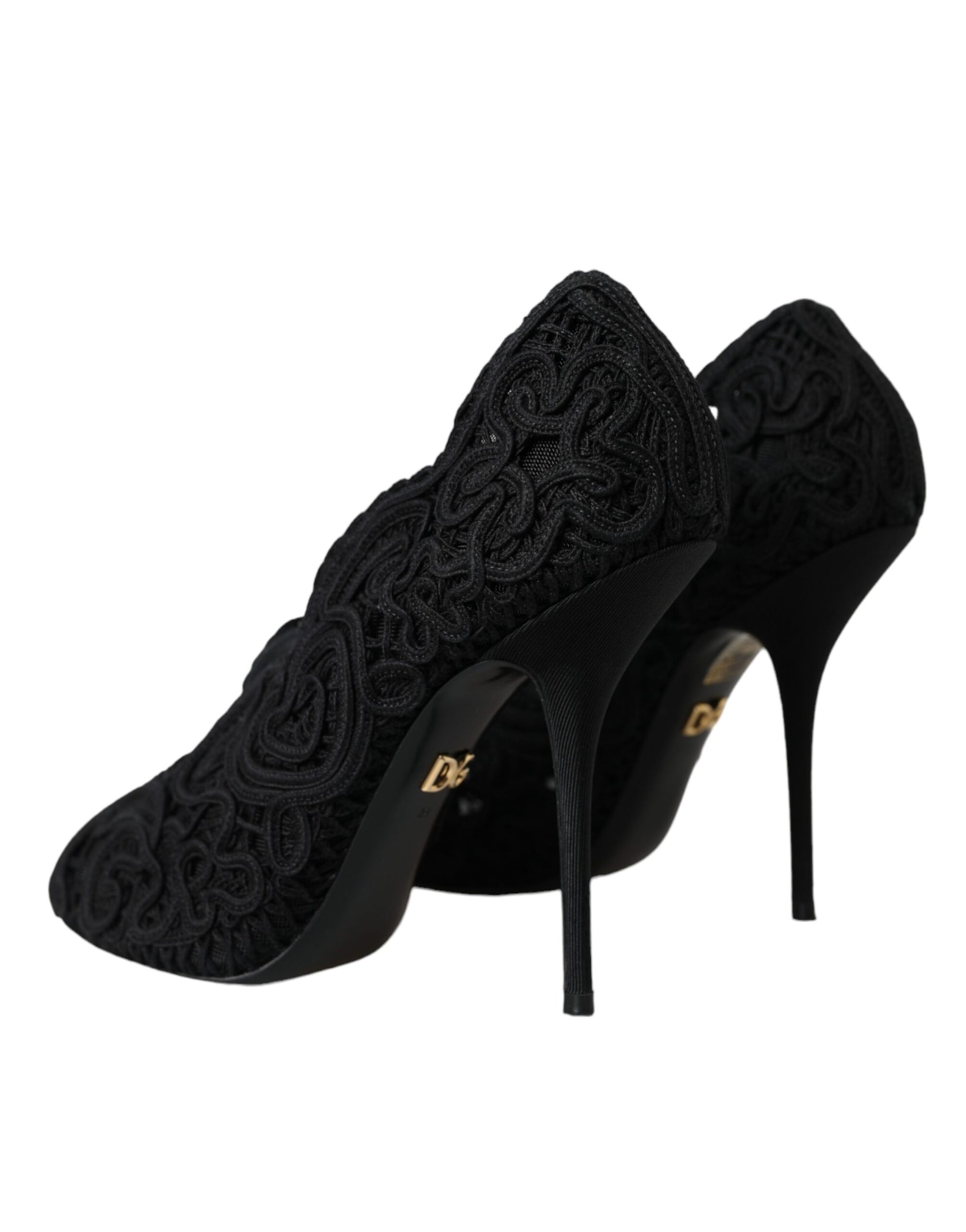 Schwarze Cordonetto Ricamo Pumps mit offener Spitze