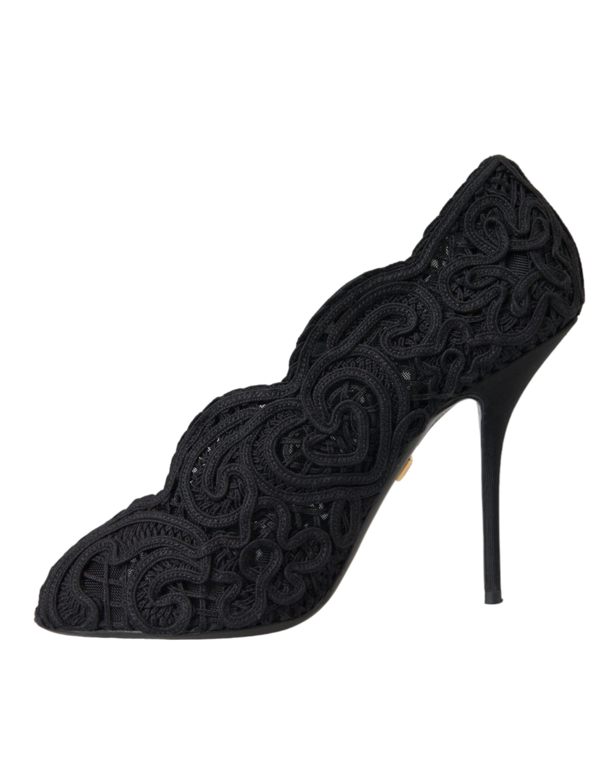 Schwarze Cordonetto Ricamo Pumps mit offener Spitze