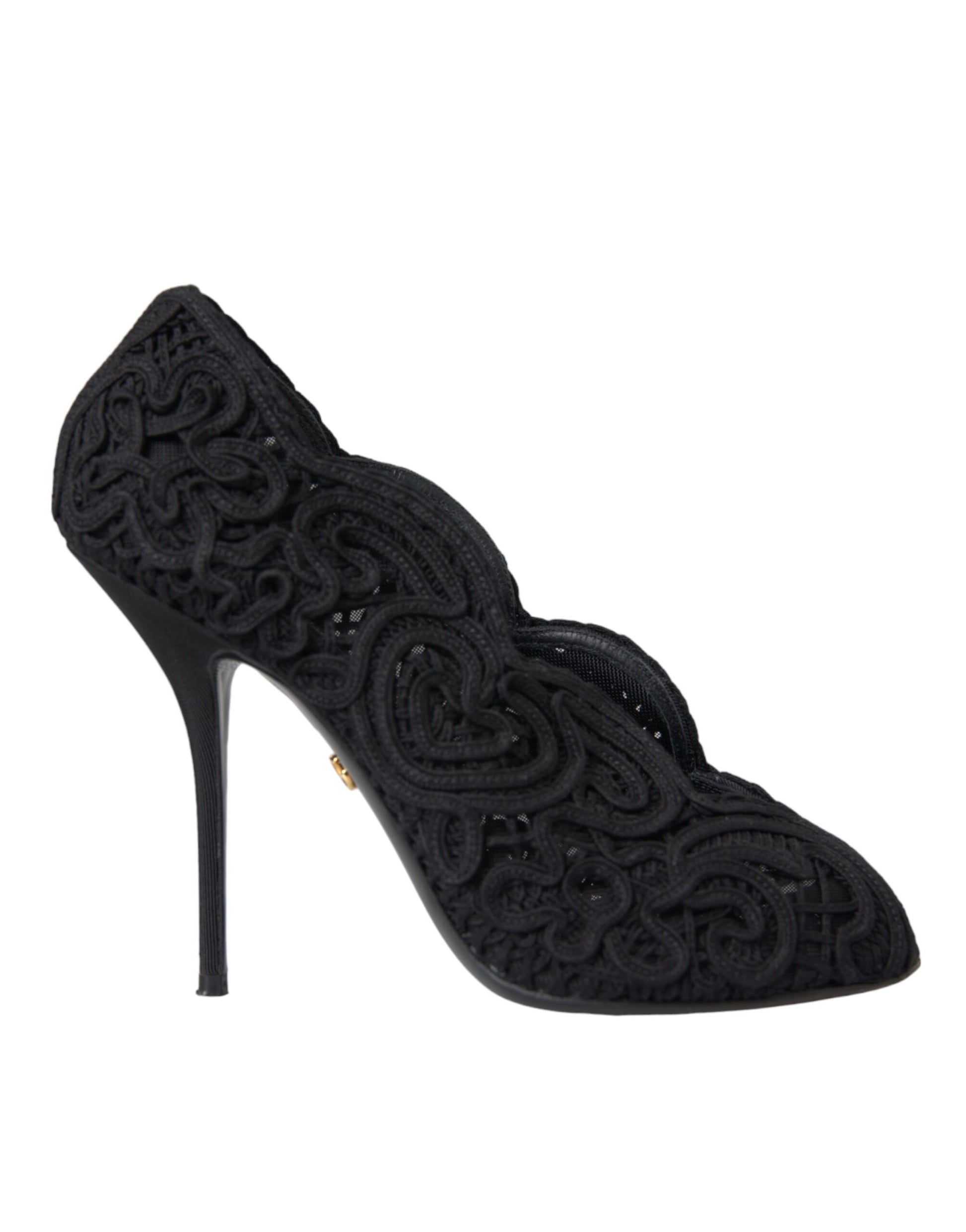 Schwarze Cordonetto Ricamo Pumps mit offener Spitze