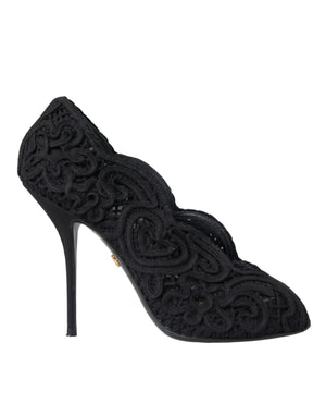 Schwarze Cordonetto Ricamo Pumps mit offener Spitze
