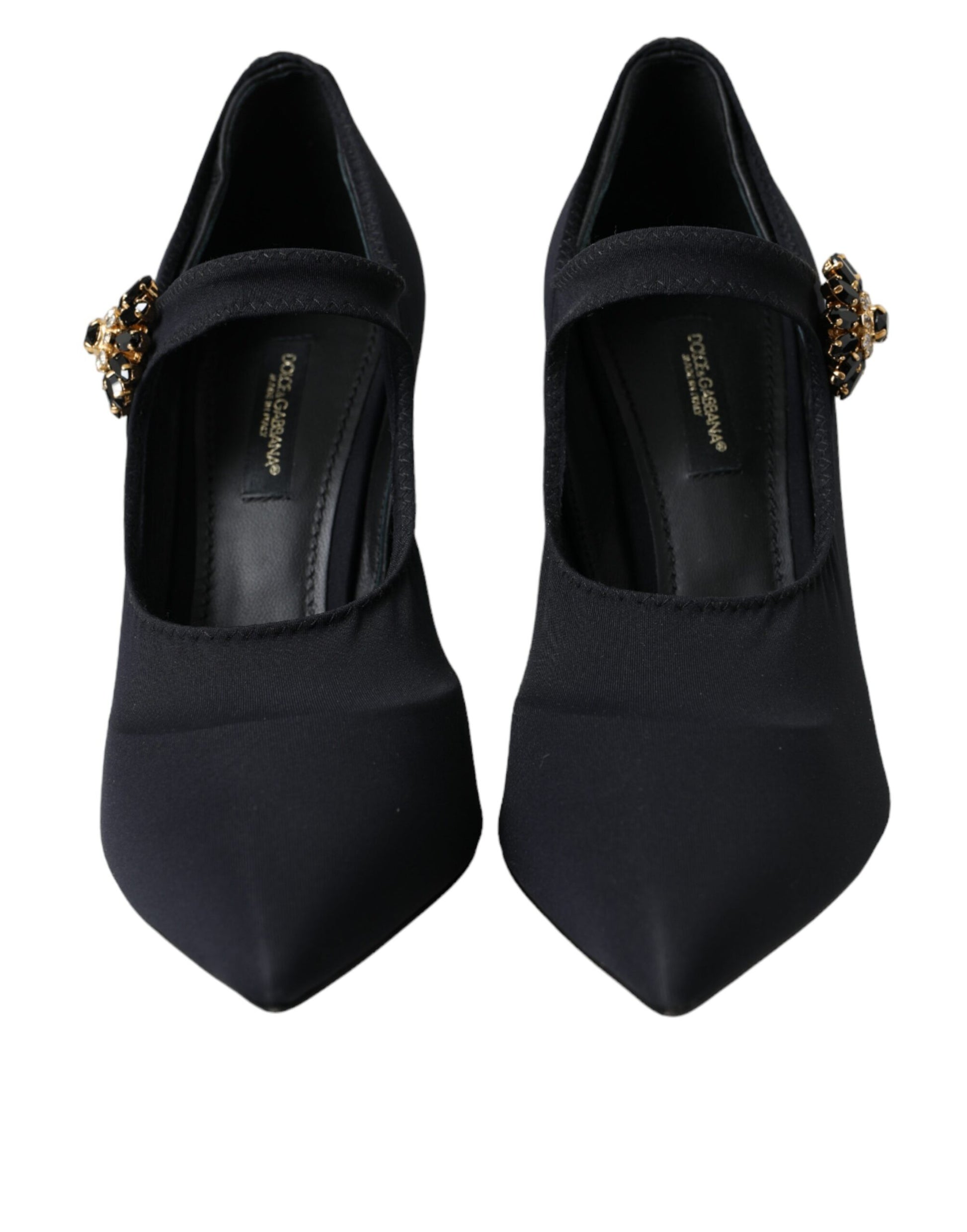 Schwarze Mary Jane Jersey-Pumps mit Kristallen