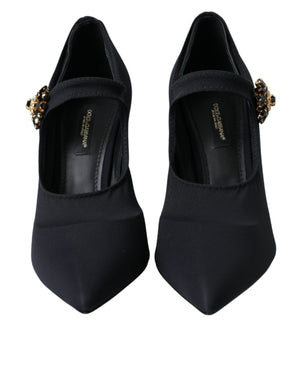 Schwarze Mary Jane Jersey-Pumps mit Kristallen