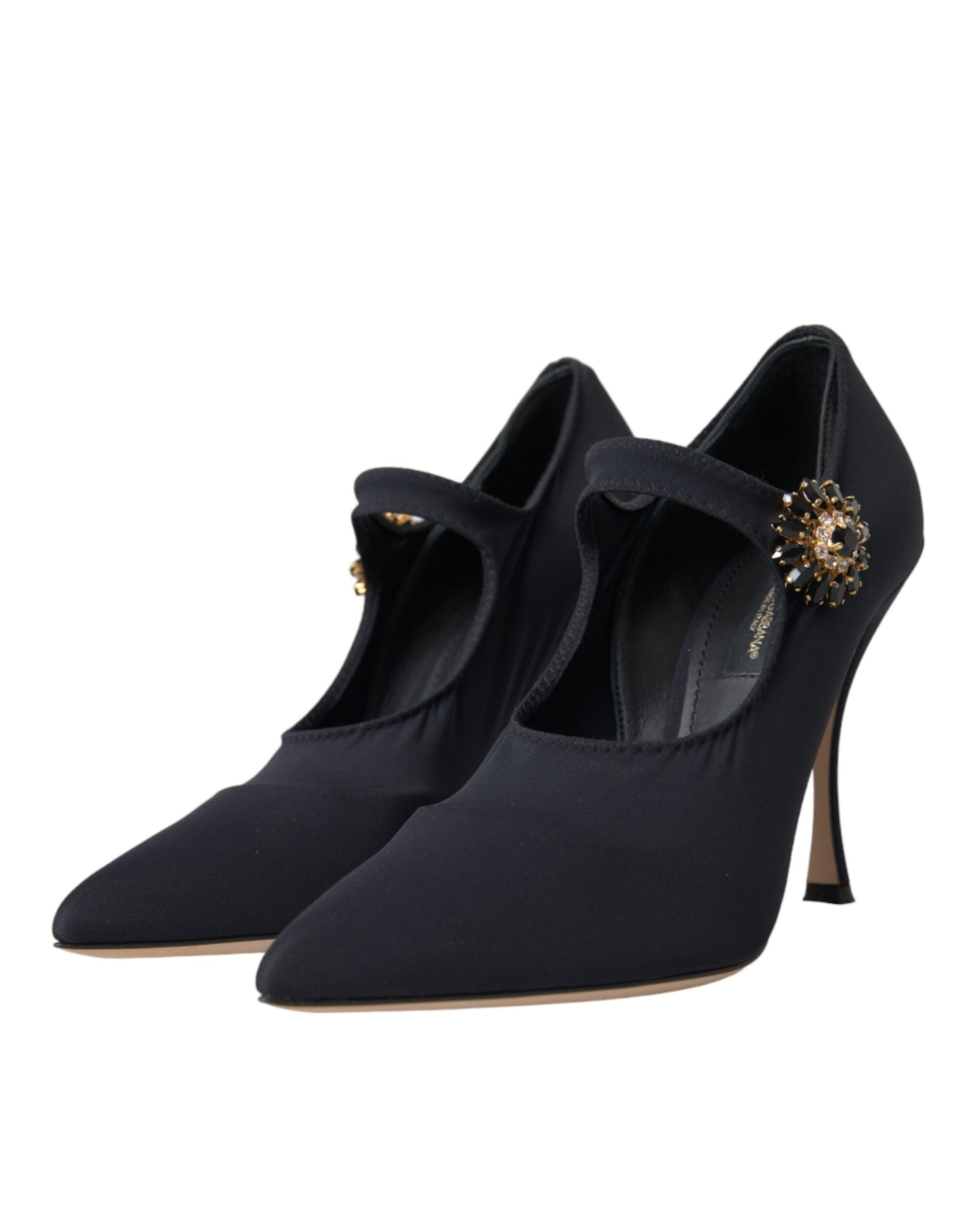 Schwarze Mary Jane Jersey-Pumps mit Kristallen