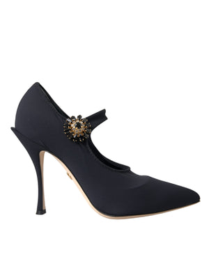 Schwarze Mary Jane Jersey-Pumps mit Kristallen