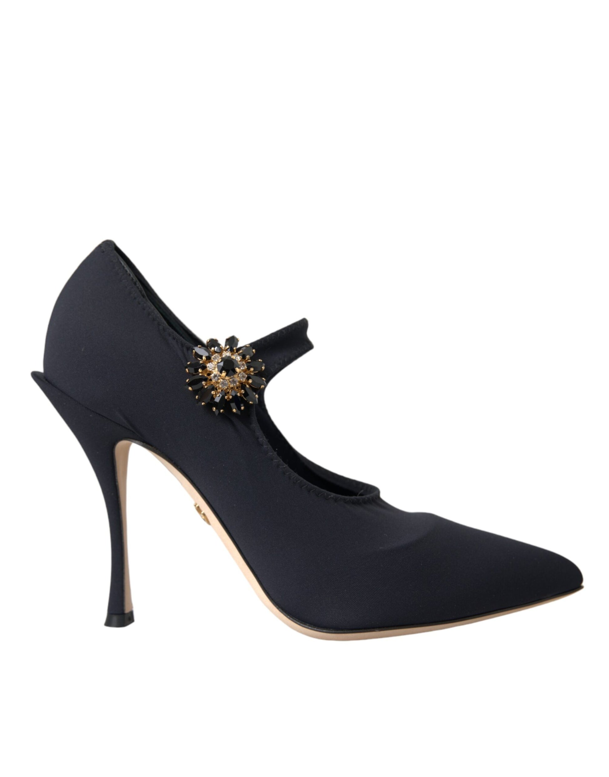Schwarze Mary Jane Jersey-Pumps mit Kristallen