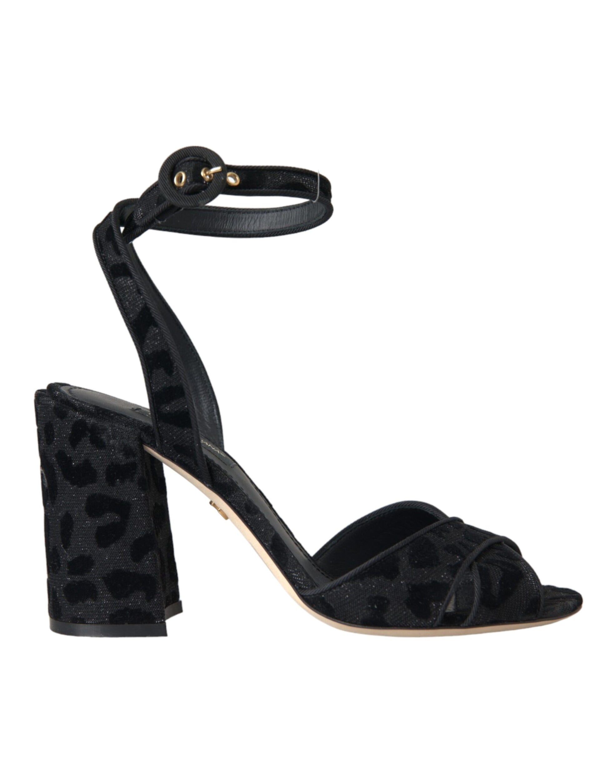 Schwarze Leoparden-Wildleder-Heels-Sandalen