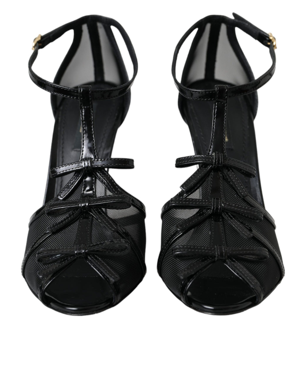Schwarze Mesh T-Riemen Heels Sandalen Schuhe