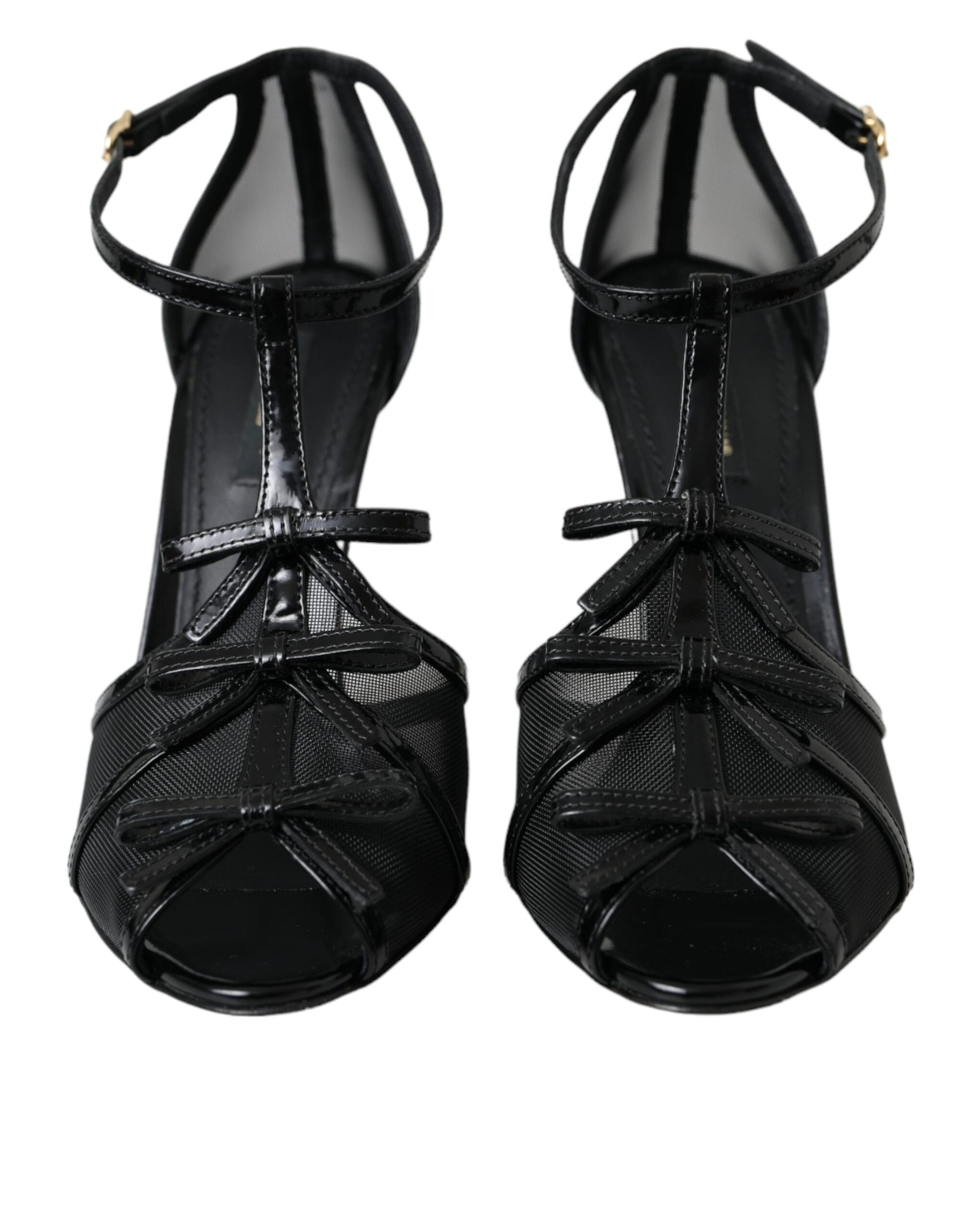 Schwarze Mesh T-Riemen Heels Sandalen Schuhe