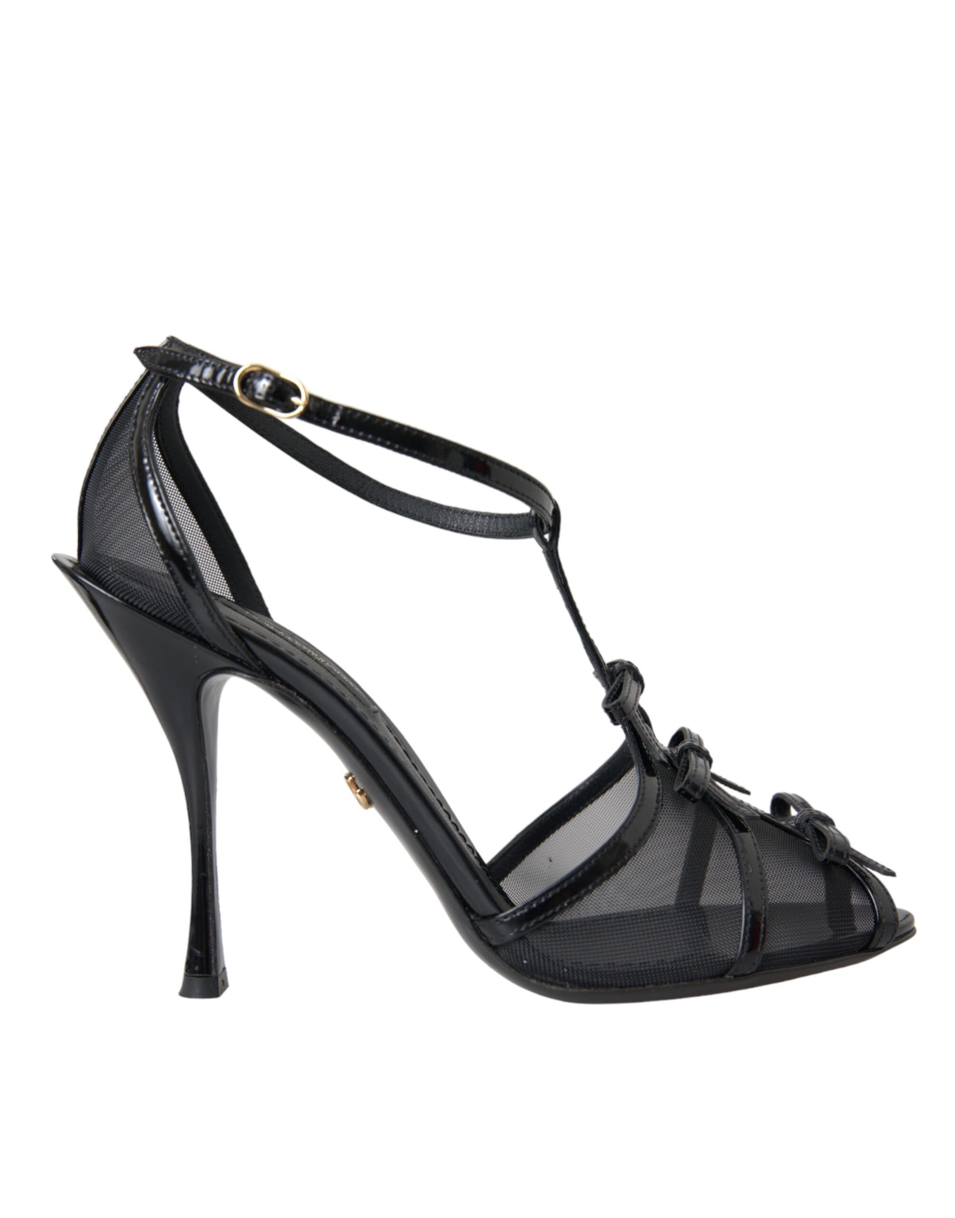Schwarze Mesh T-Riemen Heels Sandalen Schuhe