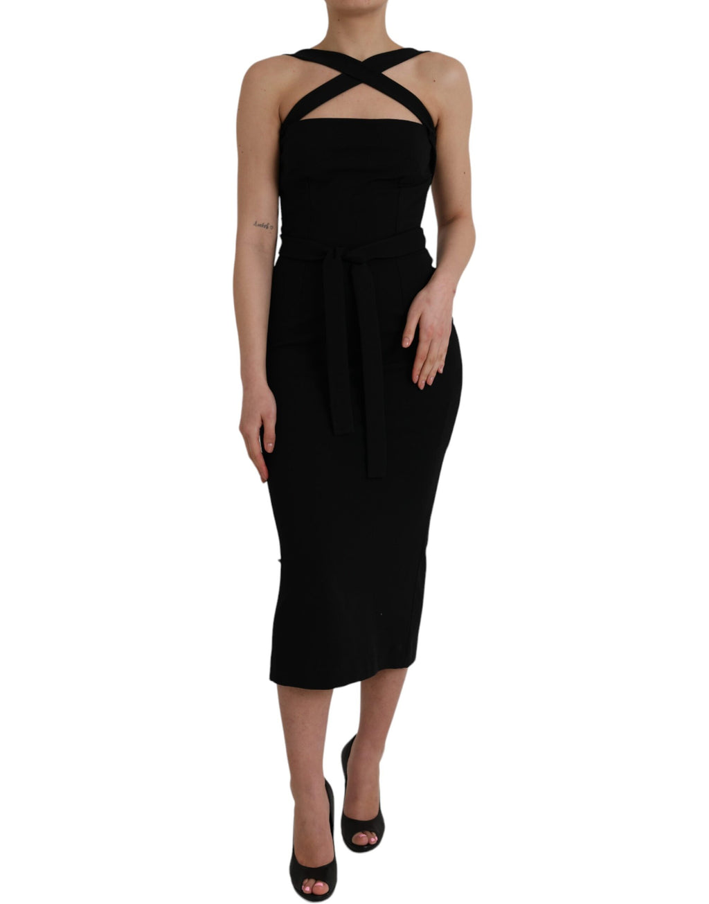 Schwarzes, ärmelloses Midikleid mit Neckholder
