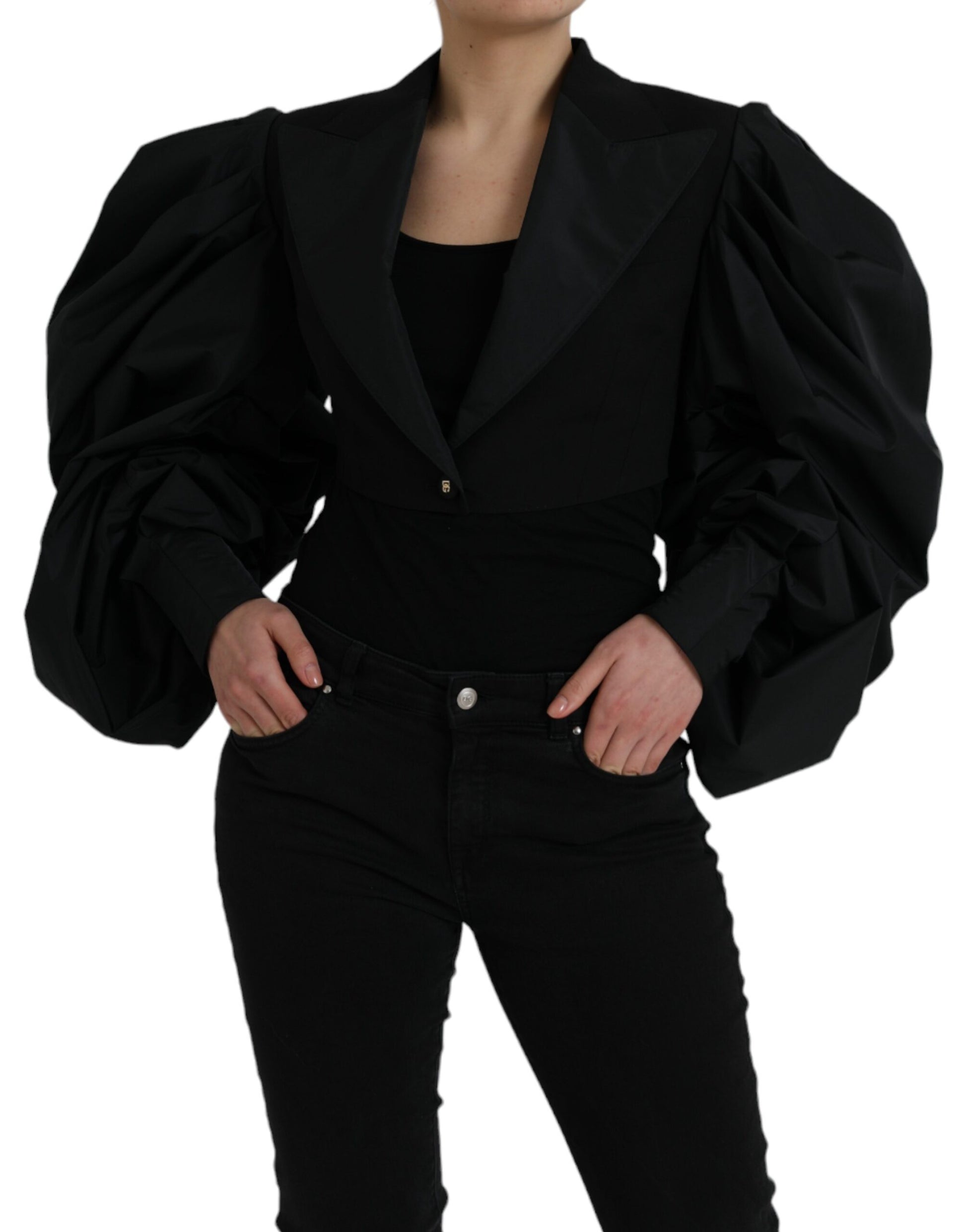 Schwarze, kurze Jacke aus Polyester mit Puffärmeln