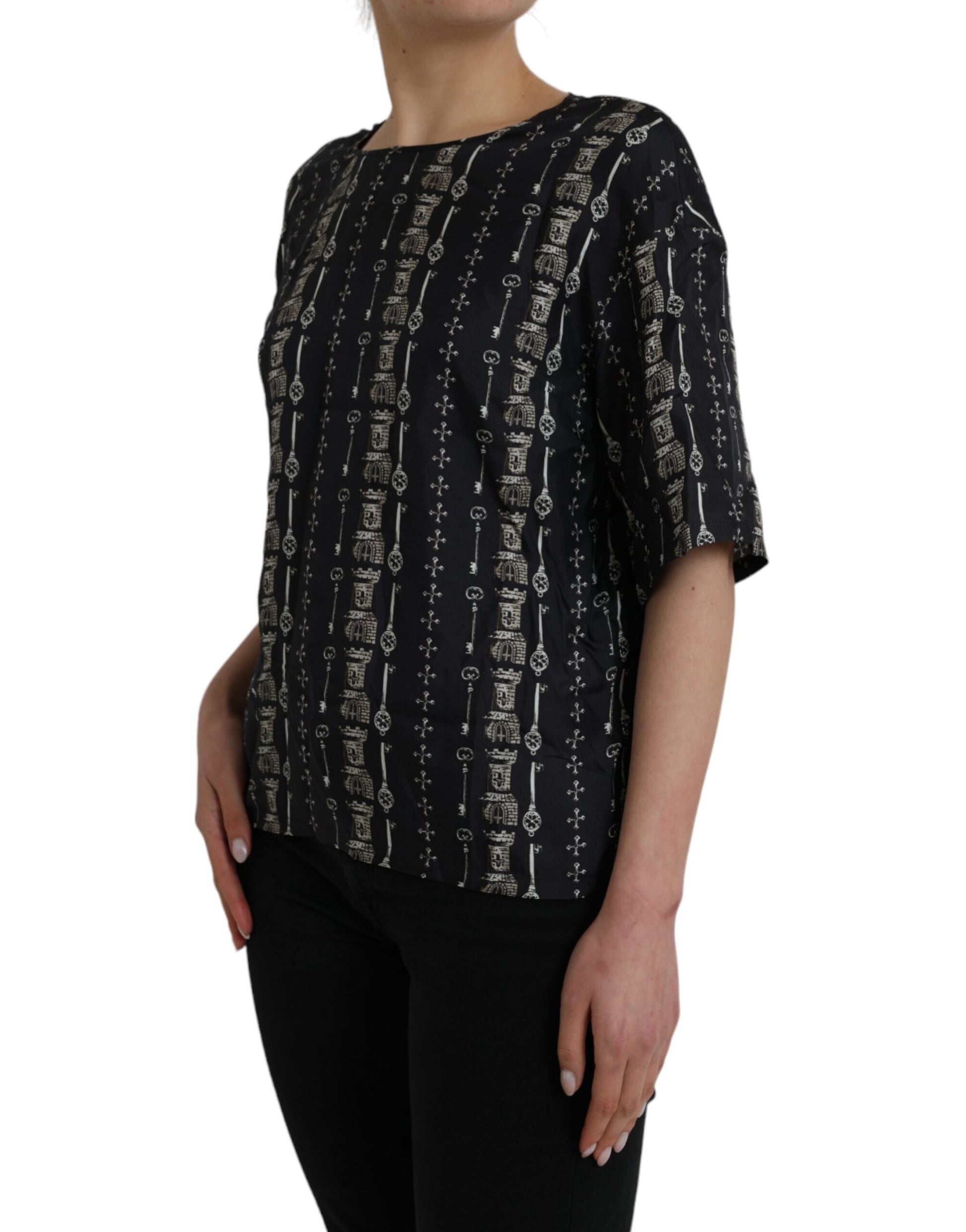 Schwarzes Seidenblusen-T-Shirt mit Key Castle-Print