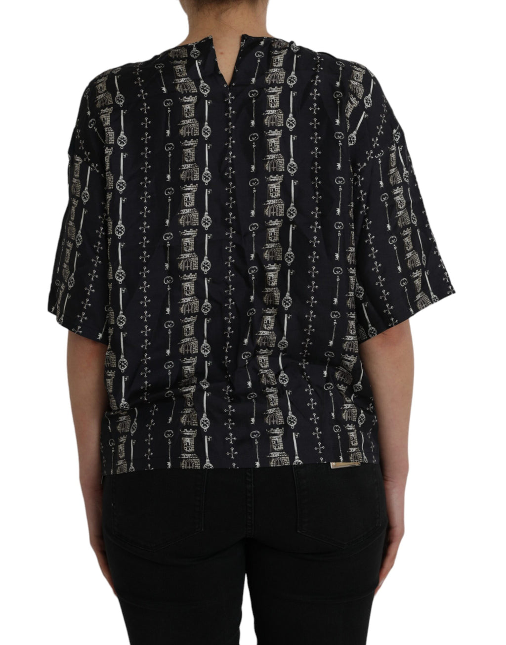 Schwarzes Seidenblusen-T-Shirt mit Key Castle-Print