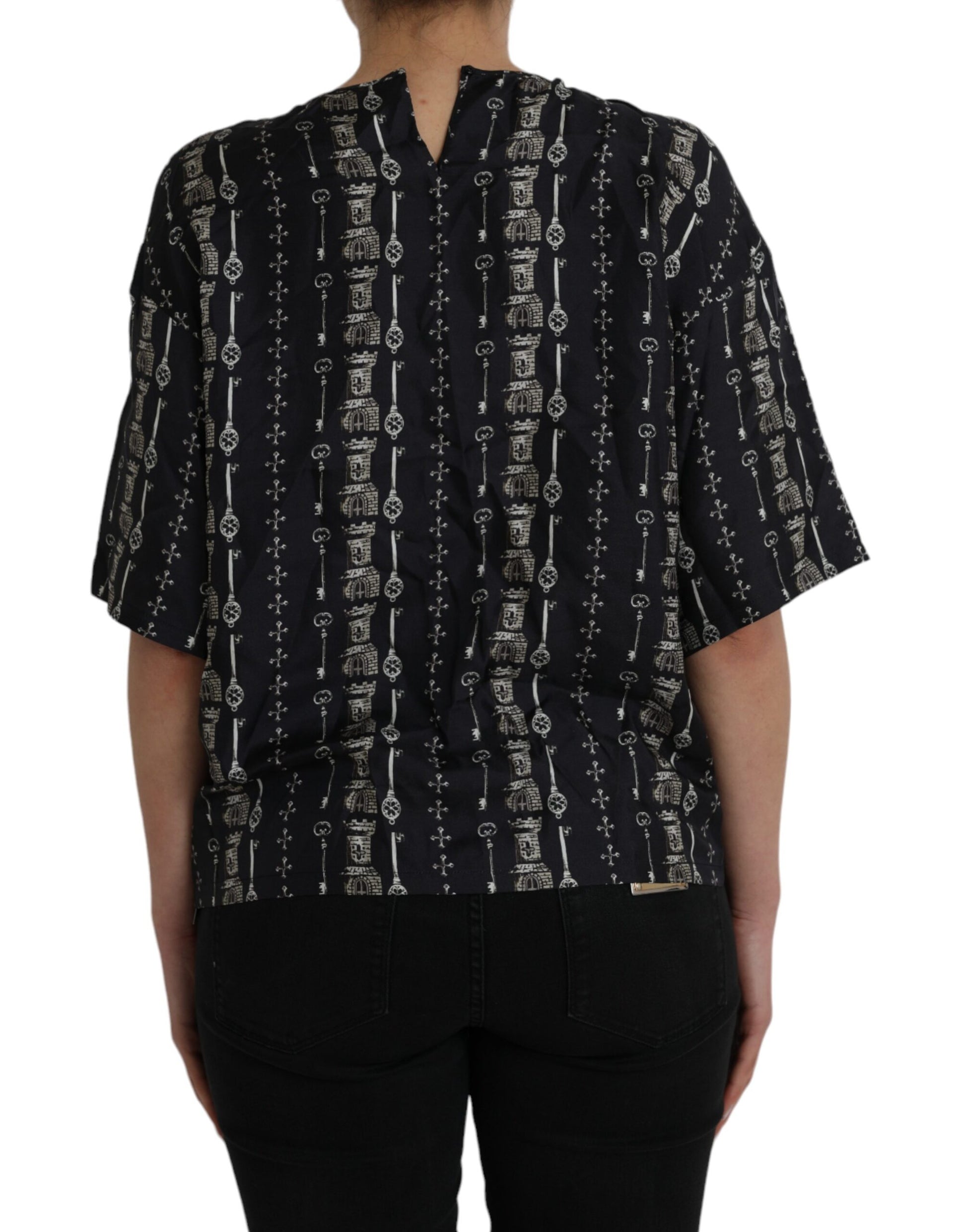 Schwarzes Seidenblusen-T-Shirt mit Key Castle-Print