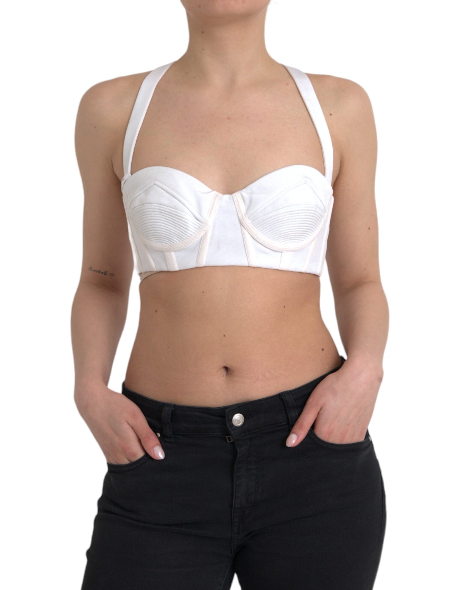Weißes, ärmelloses Bustier-Crop-Top aus Viskose