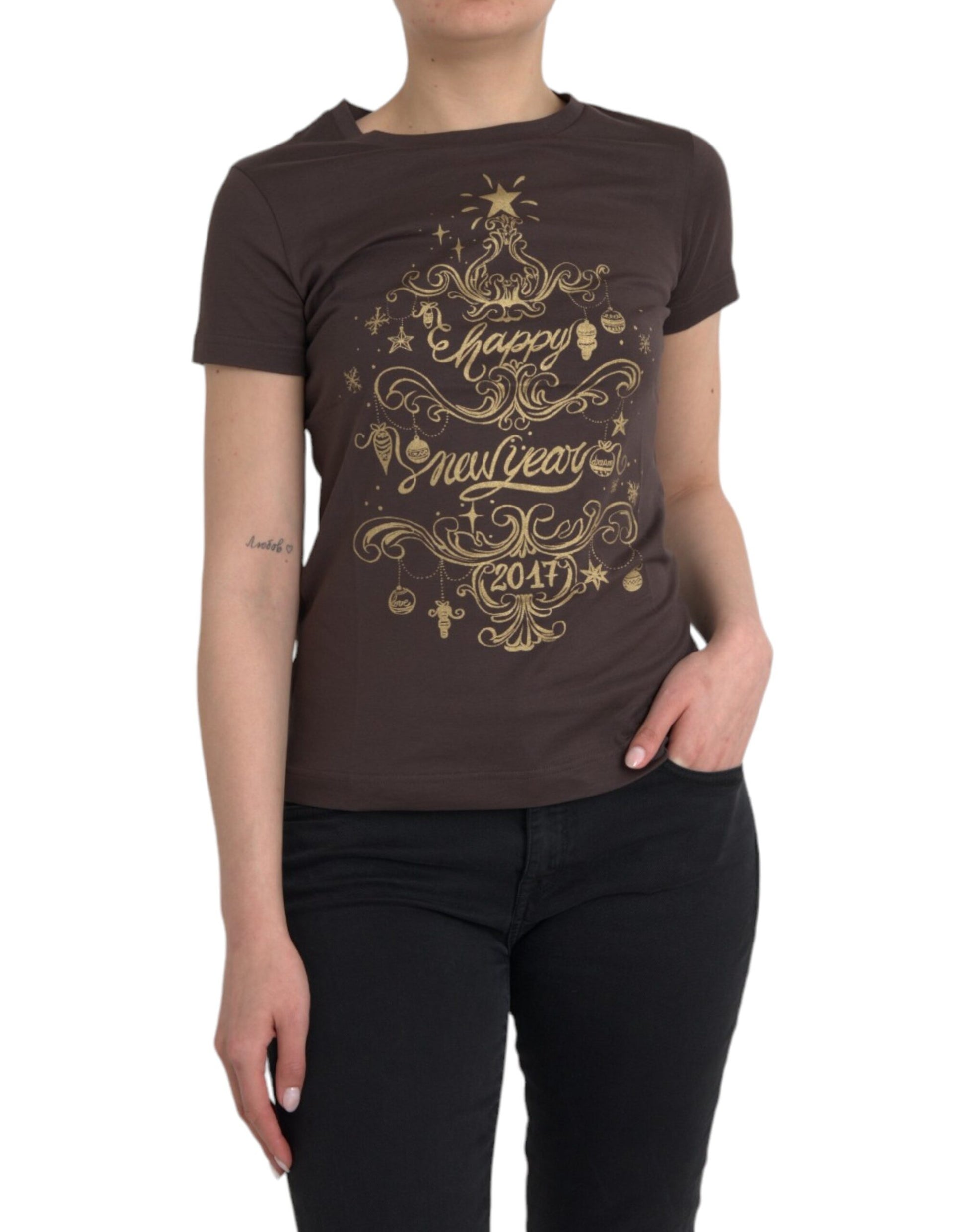 Braunes T-Shirt mit Rundhalsausschnitt und Motivdruck 2017