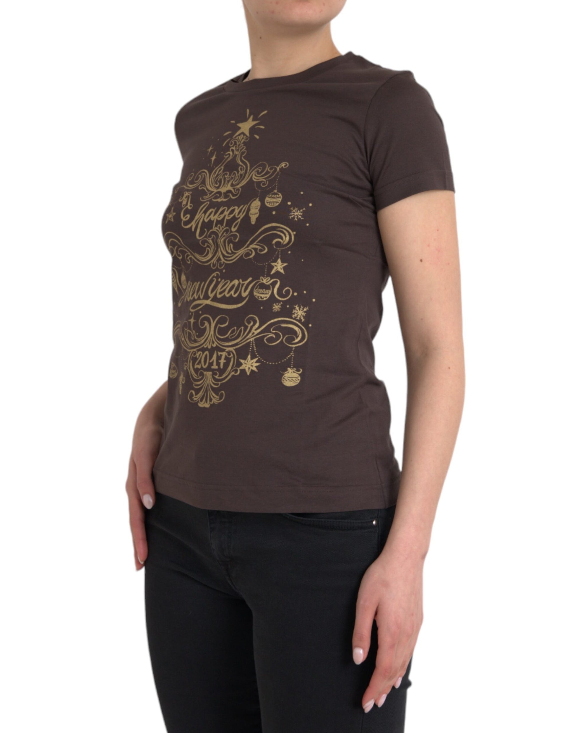Braunes T-Shirt mit Rundhalsausschnitt und Motivdruck 2017