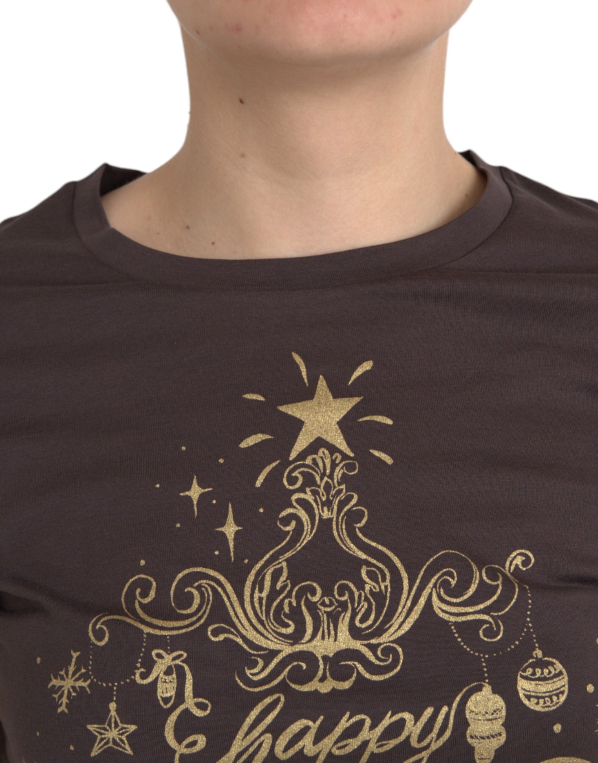 Braunes T-Shirt mit Rundhalsausschnitt und Motivdruck 2017