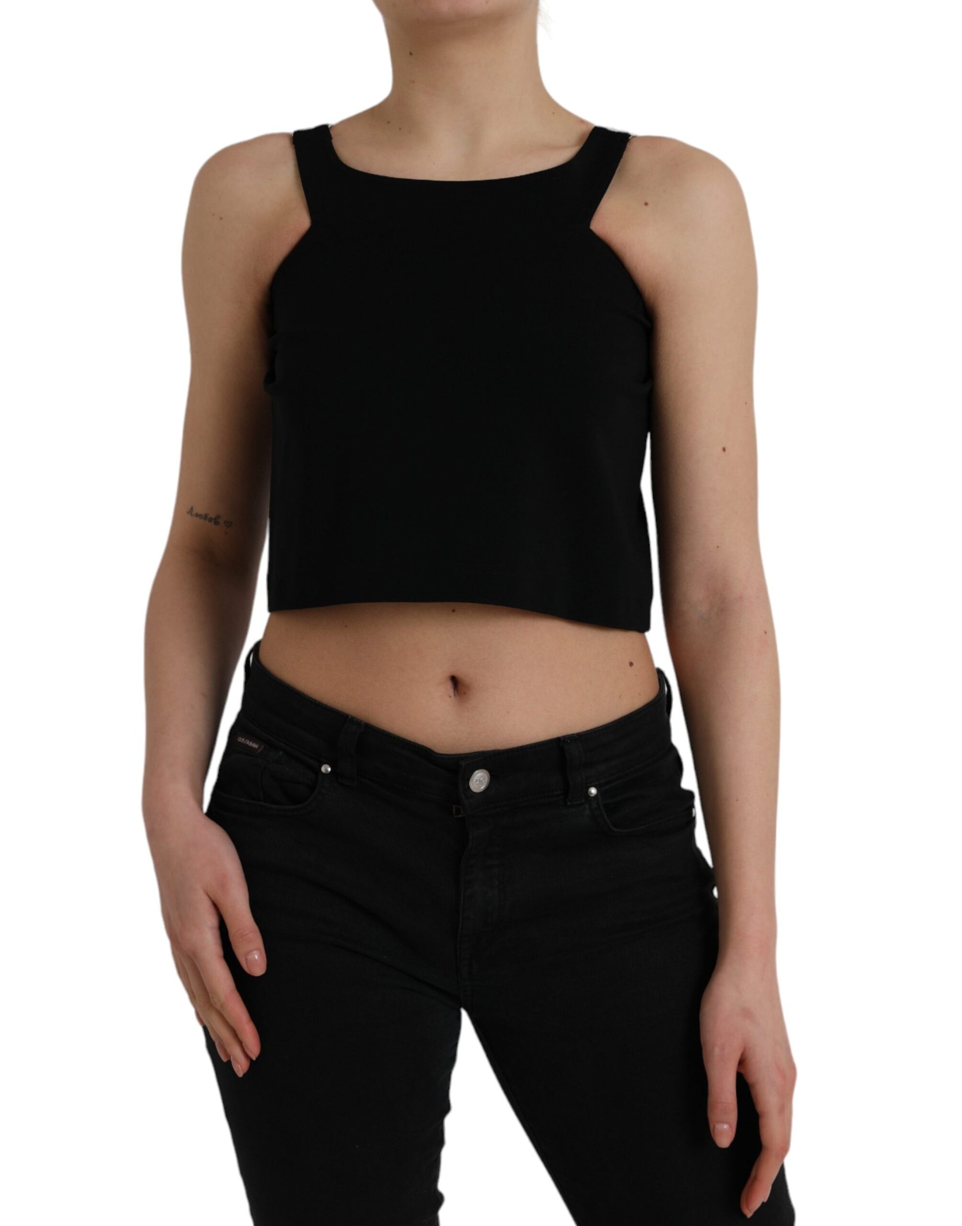Schwarzes, ärmelloses, kurzes Tanktop mit Rundhalsausschnitt