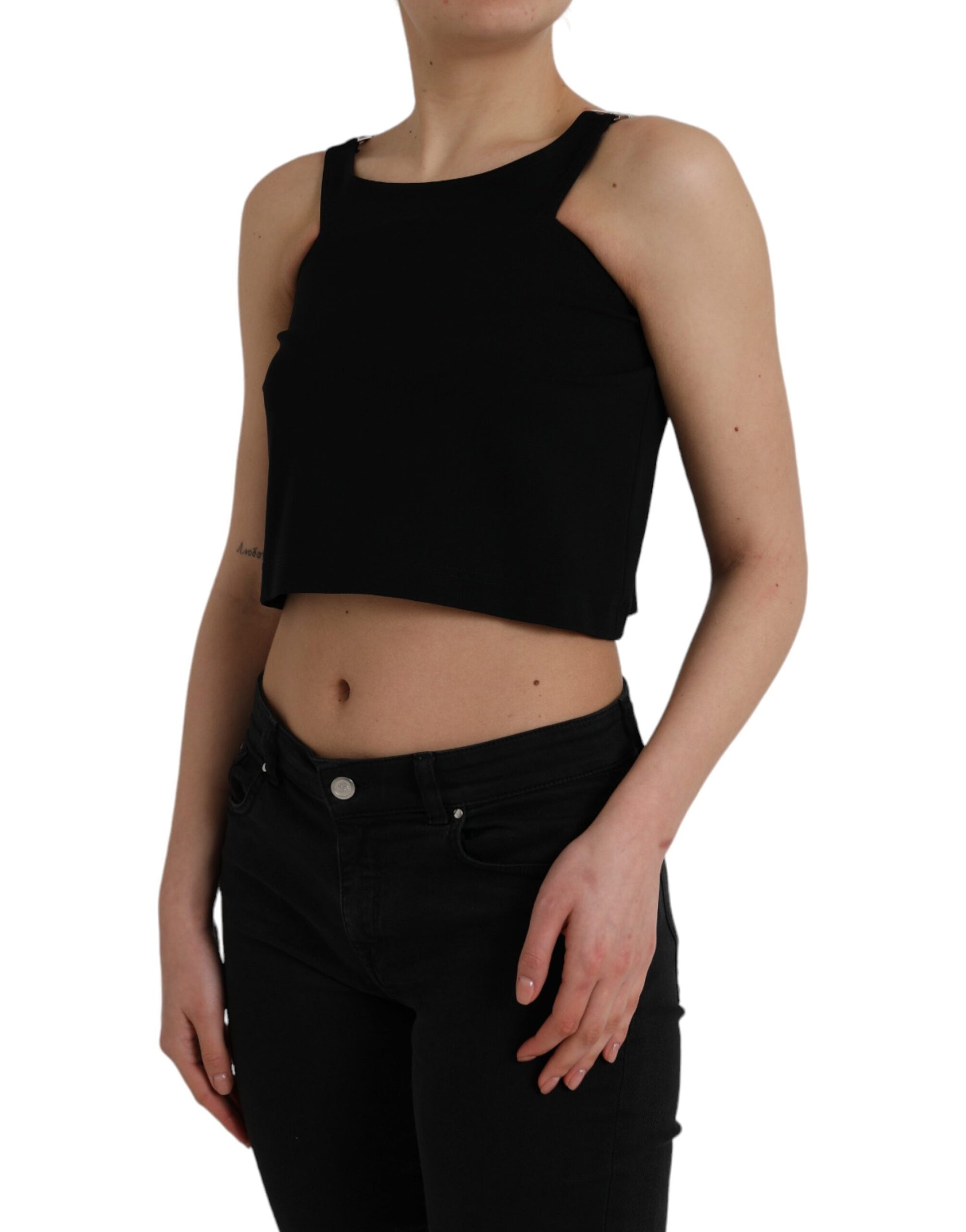 Schwarzes, ärmelloses, kurzes Tanktop mit Rundhalsausschnitt