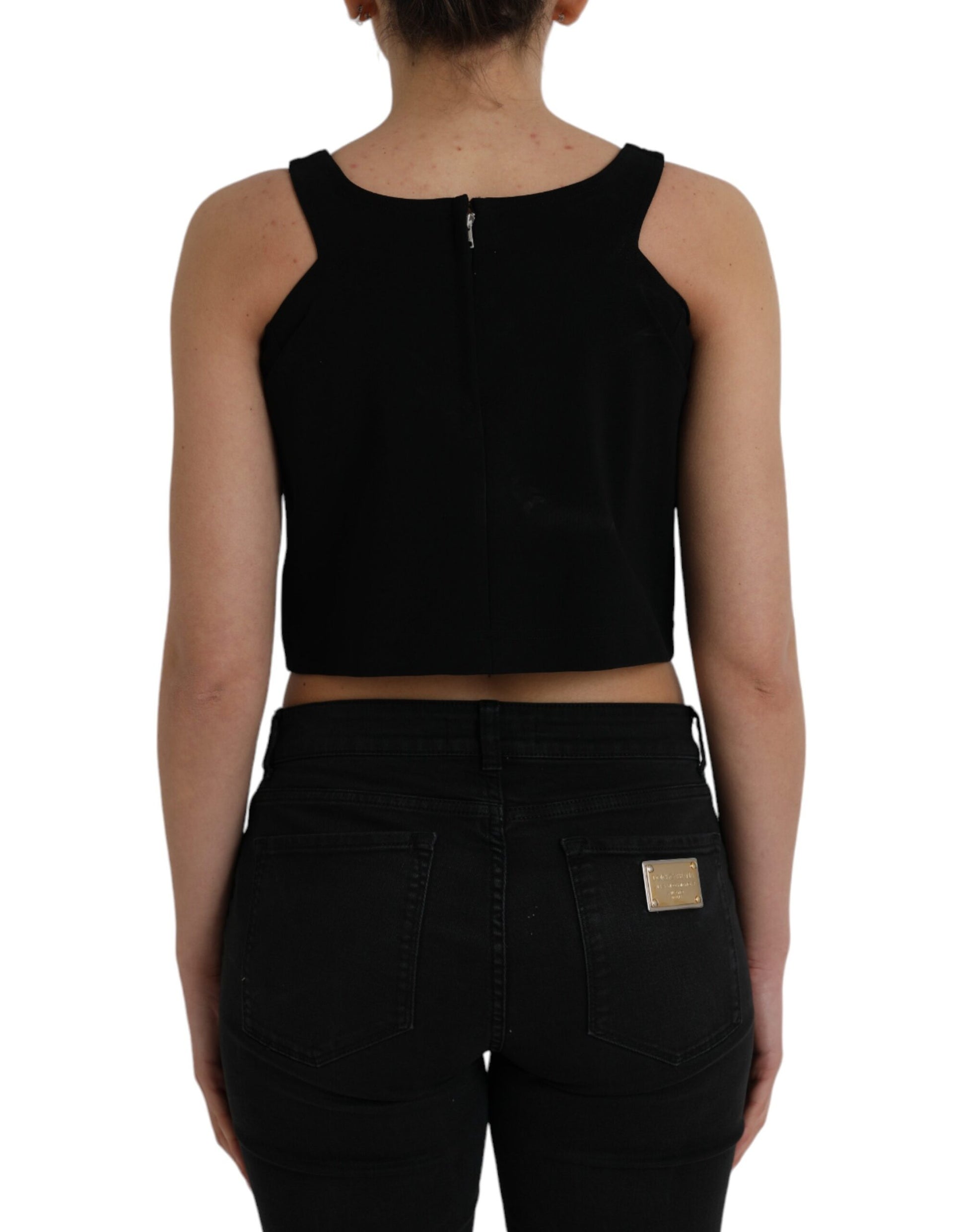 Schwarzes, ärmelloses, kurzes Tanktop mit Rundhalsausschnitt
