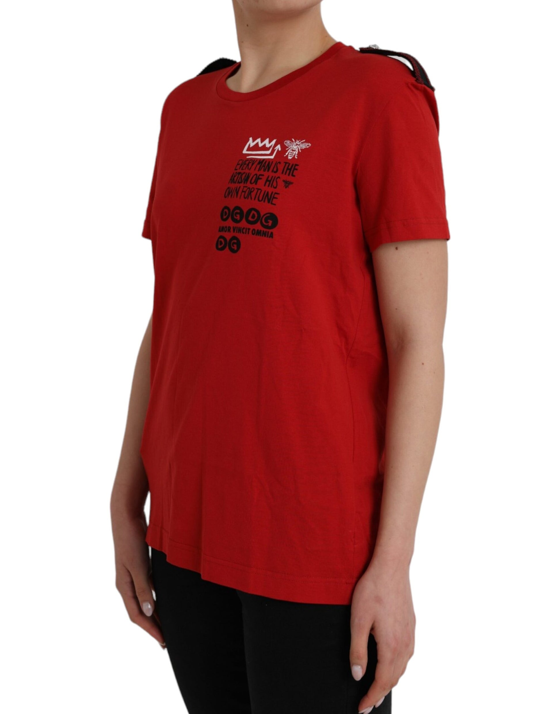 Rotes Baumwoll-T-Shirt mit Rundhalsausschnitt und grafischem Print