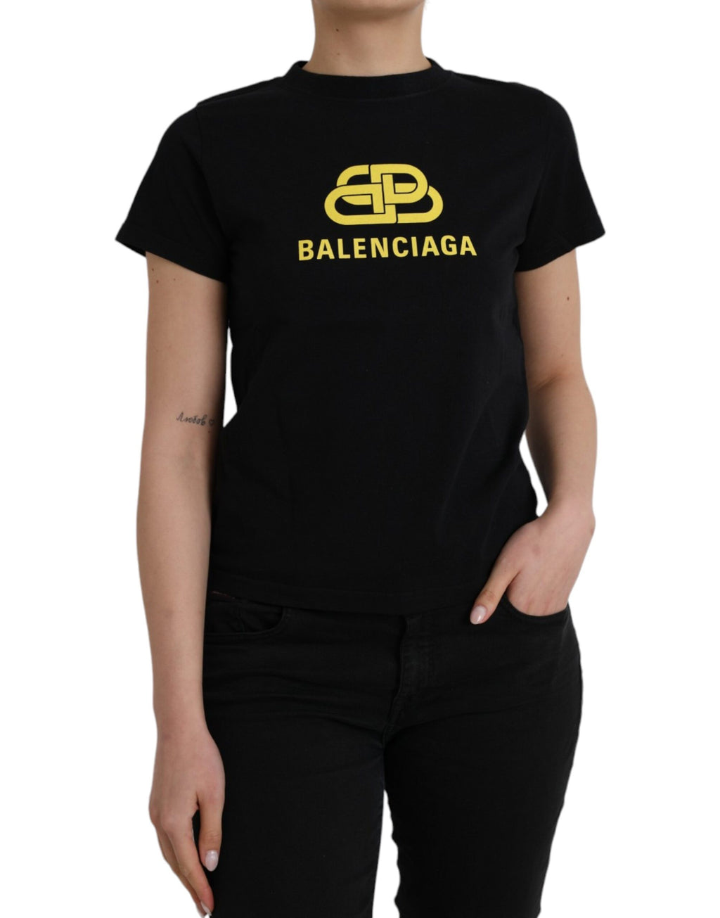 Schwarzes T-Shirt aus Baumwolle mit Rundhalsausschnitt und kurzen Ärmeln und Logodruck