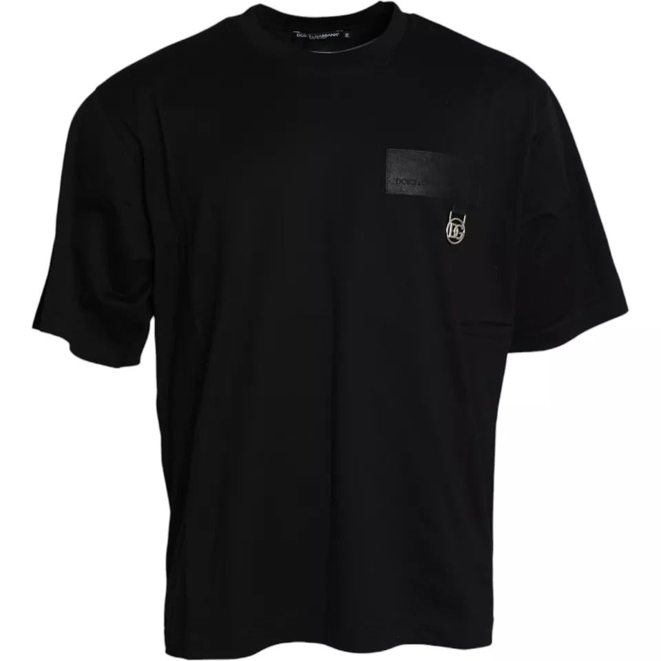Schwarzes Baumwoll-T-Shirt mit Rundhalsausschnitt und Logo-Patch