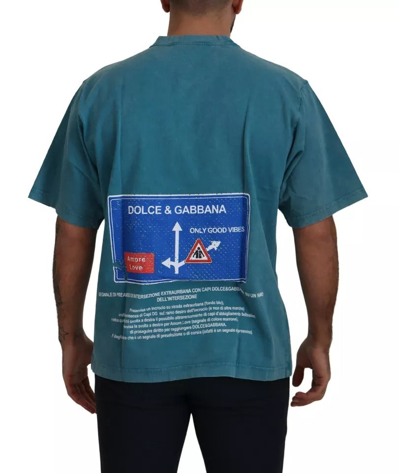 Blaues Baumwoll-T-Shirt mit Rundhalsausschnitt und Logo-Print