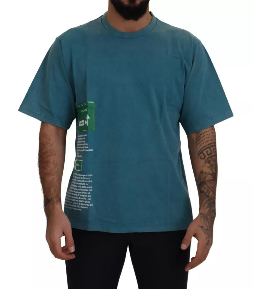 Blaues Baumwoll-T-Shirt mit Rundhalsausschnitt und Logo-Print
