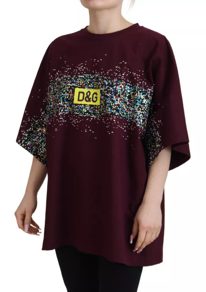 Bordeauxfarbenes Baumwoll-T-Shirt mit Rundhalsausschnitt und D&amp;G-Print