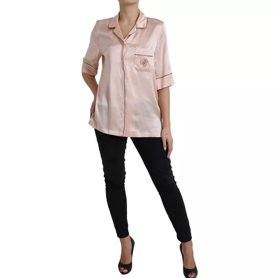 Rosa Pyjama-Bluse aus Seide mit langen Ärmeln und Logo