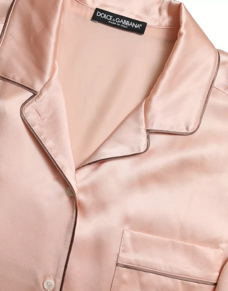Rosa Pyjama-Bluse aus Seide mit langen Ärmeln und Logo