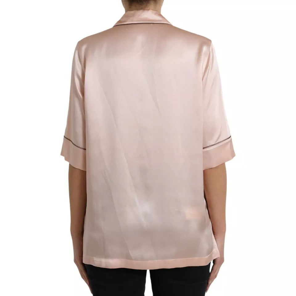 Rosa Pyjama-Bluse aus Seide mit langen Ärmeln und Logo