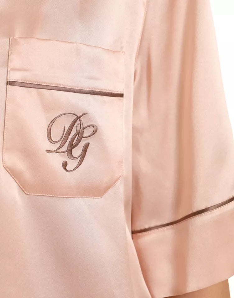 Rosa Pyjama-Bluse aus Seide mit langen Ärmeln und Logo