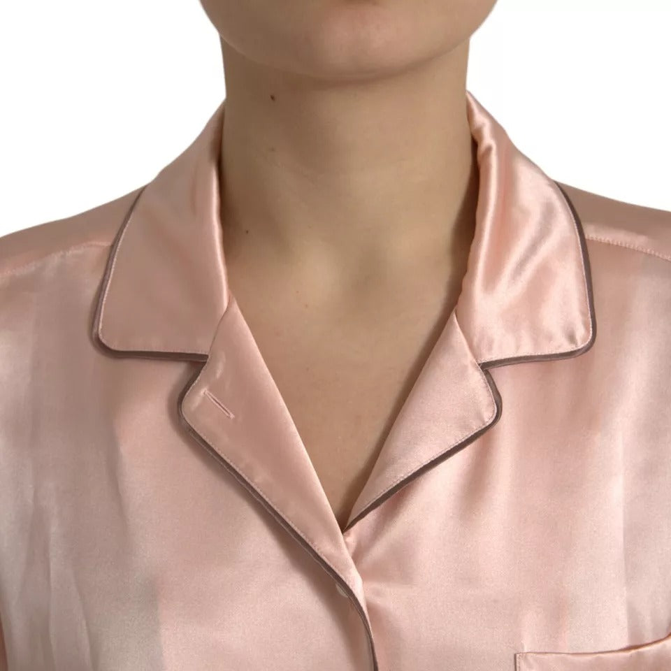 Rosa Pyjama-Bluse aus Seide mit langen Ärmeln und Logo