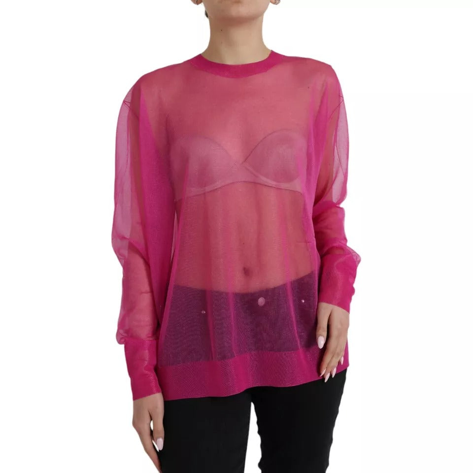Rosa transparentes Langarm-Top mit Rundhalsausschnitt