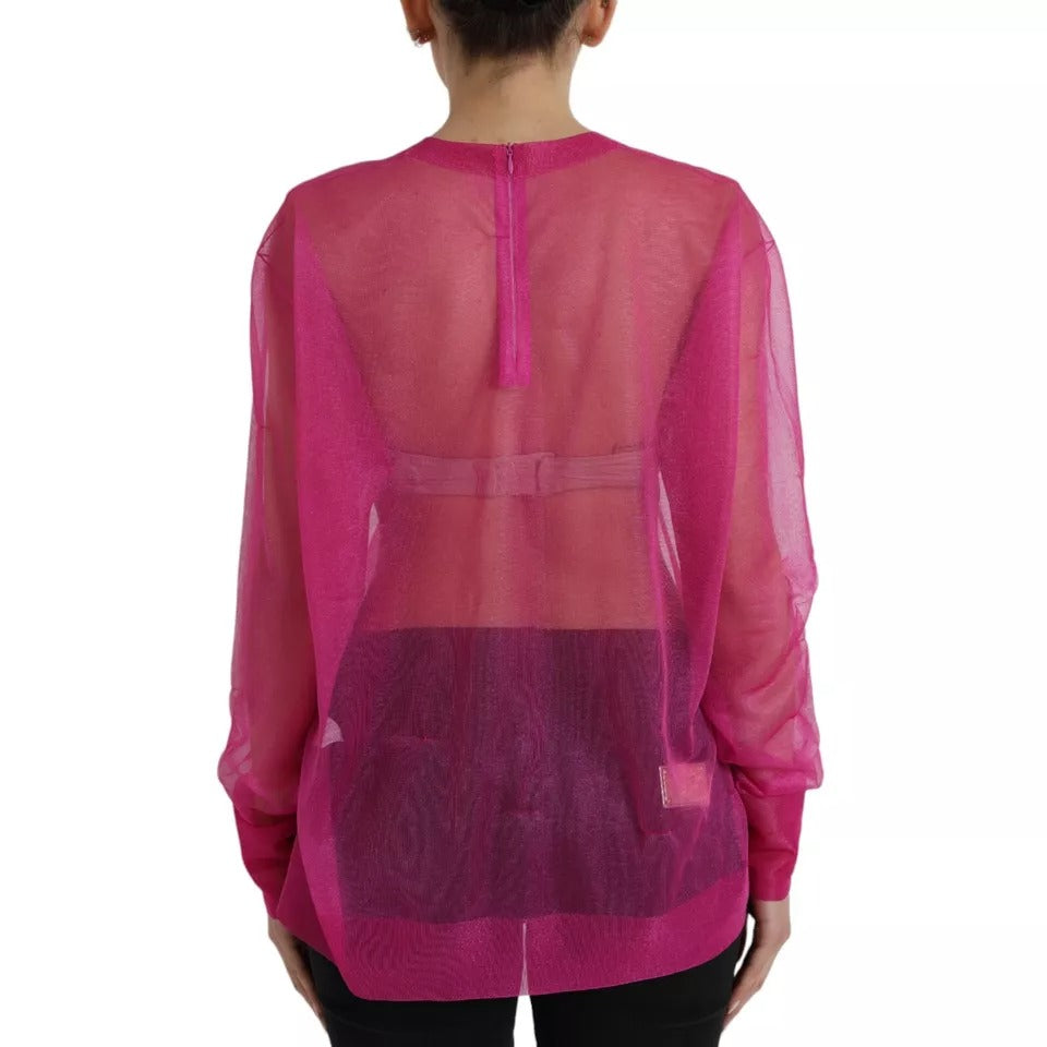 Rosa transparentes Langarm-Top mit Rundhalsausschnitt