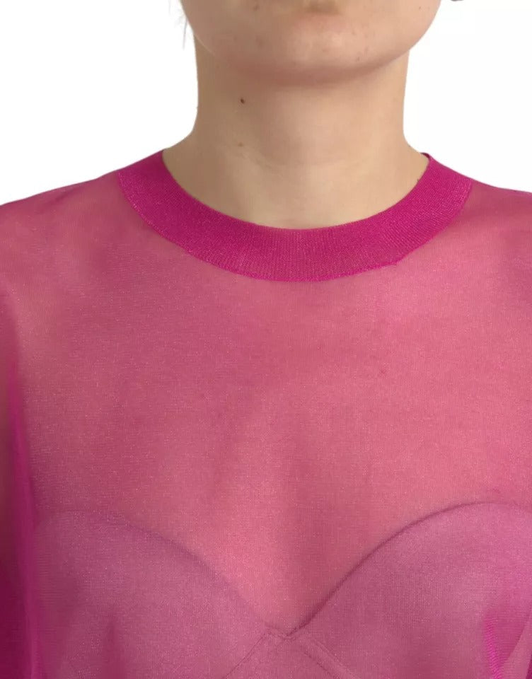 Rosa transparentes Langarm-Top mit Rundhalsausschnitt