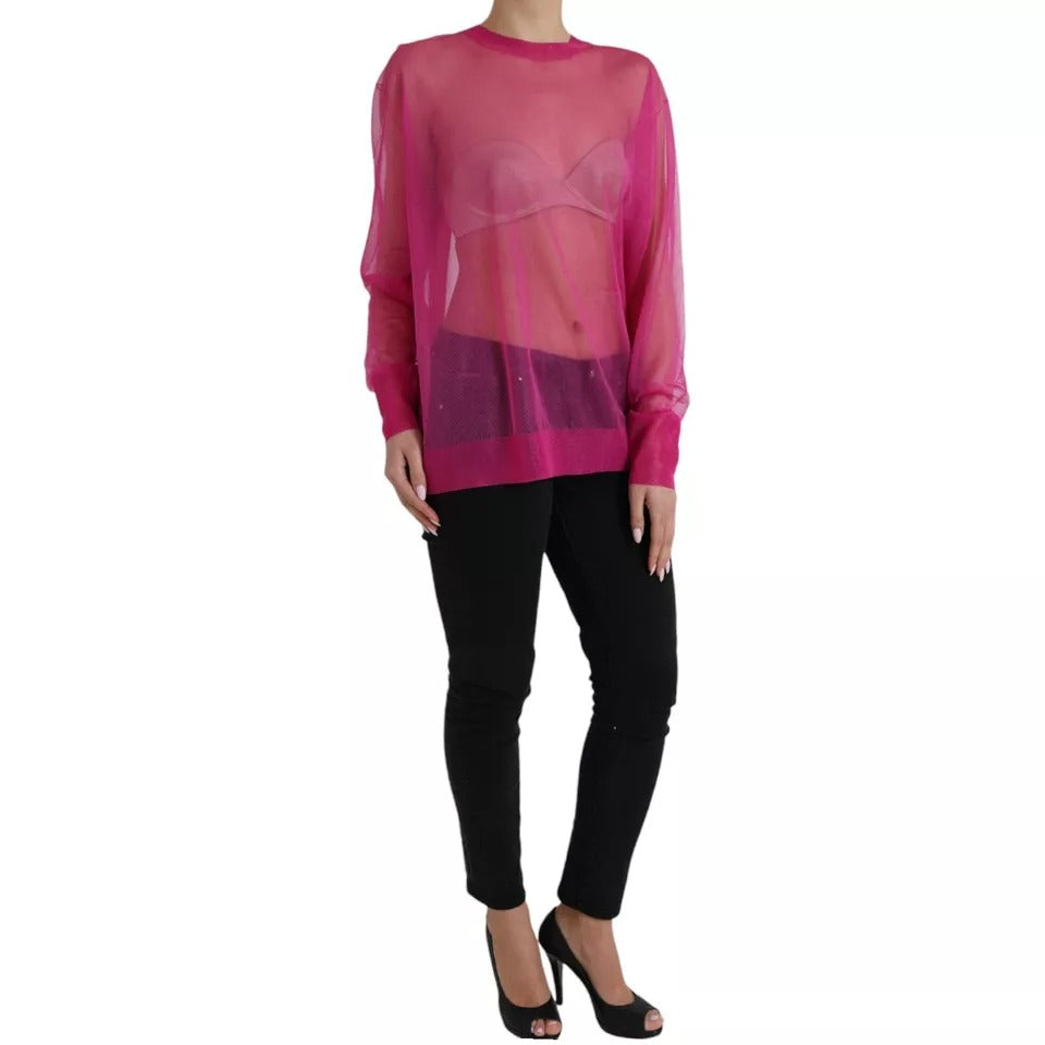 Rosa transparentes Langarm-Top mit Rundhalsausschnitt