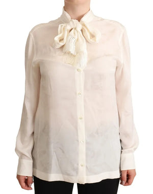 Weiße Bluse mit Ascot-Kragen, Seidenknopfoberteil