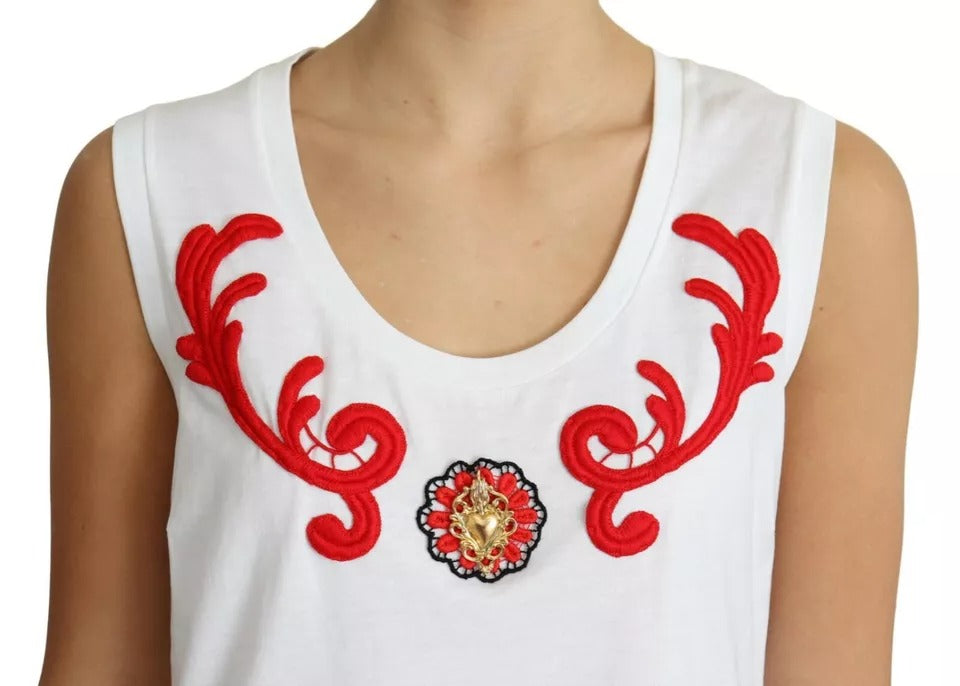 Weißes ärmelloses Tanktop aus Baumwolle mit Herz-Applikation