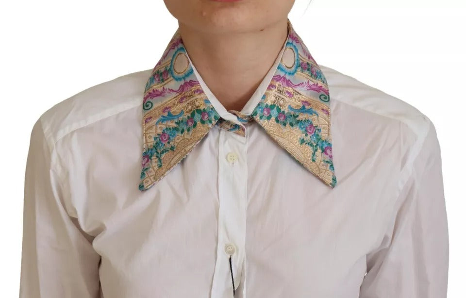 Weißes, geblümtes Langarm-Oberteil aus Jacquard-Baumwolle